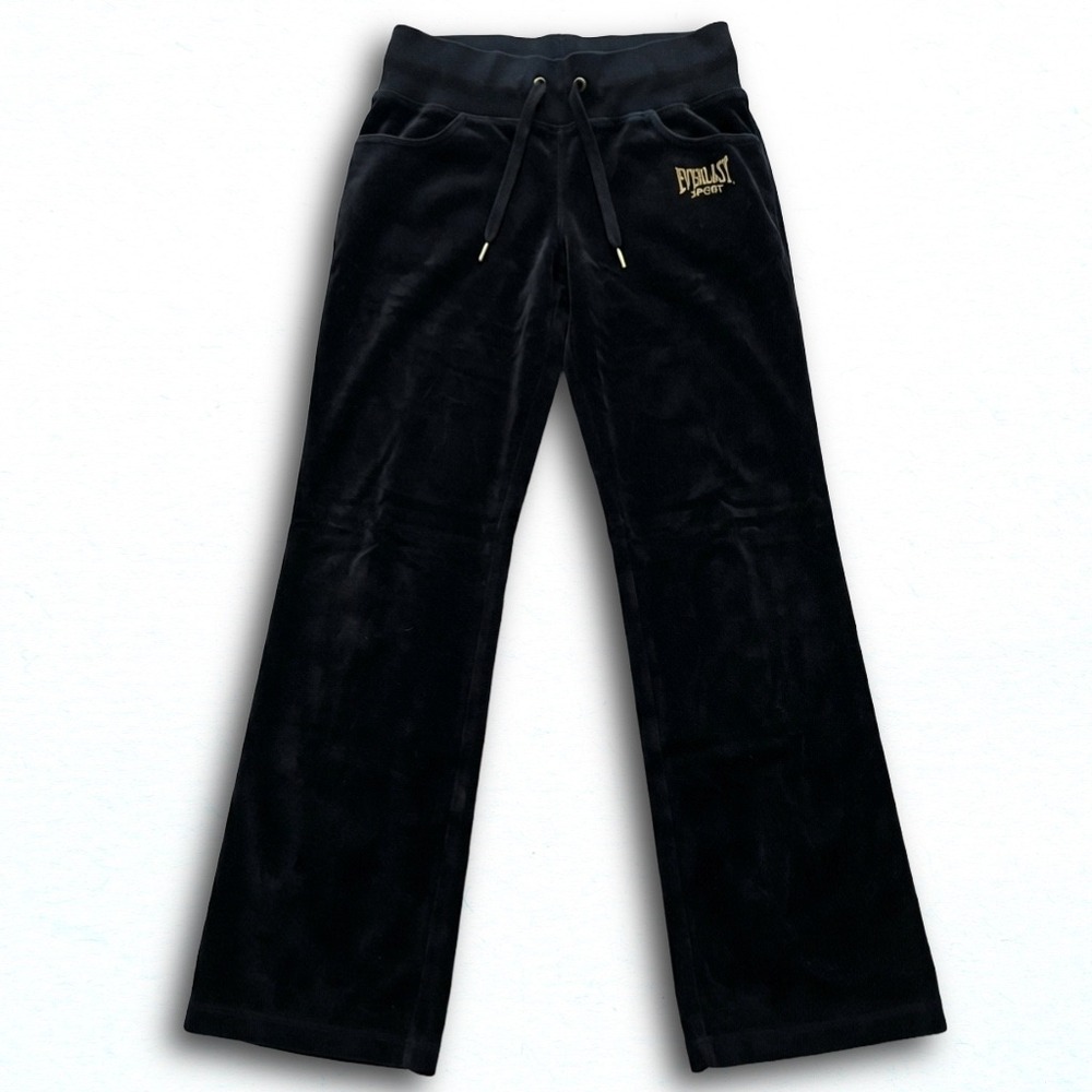 Everlast Sport Black Velour Wide Leg Track Pants Women Small Gold Logo Y2K Flare
